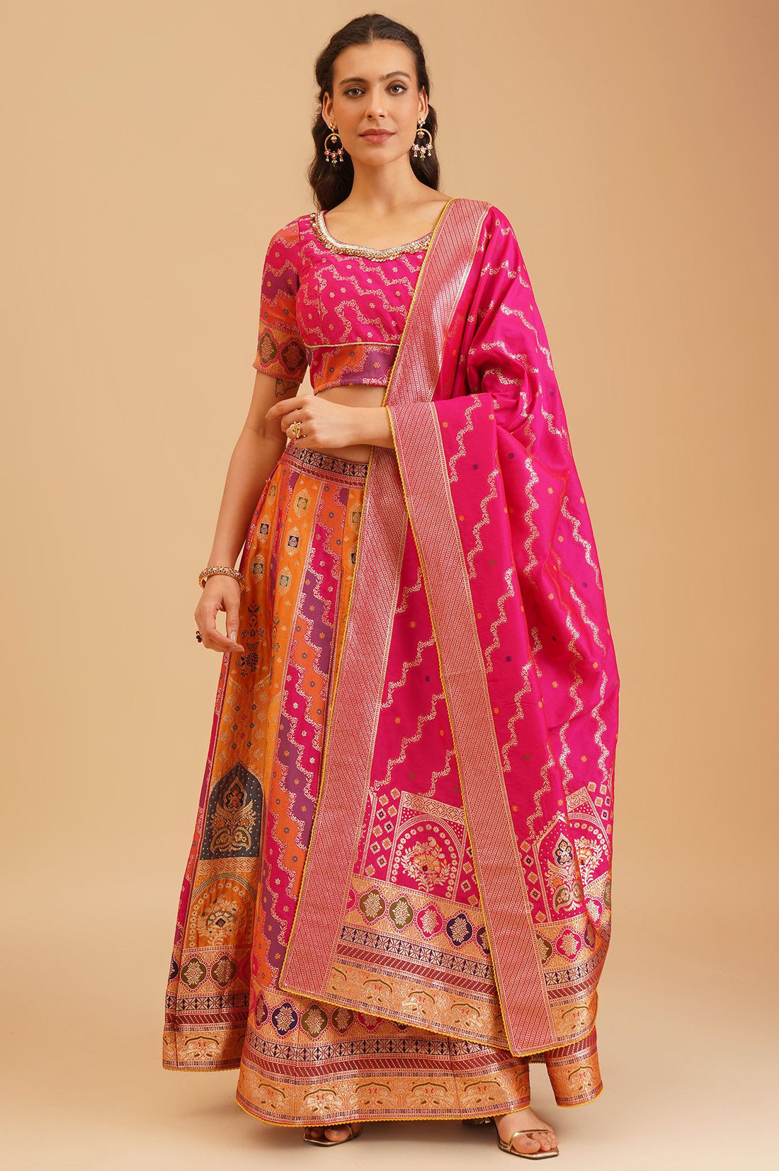 Pink Jacquard Zari Straight Top with Skirt and Dupatta Set