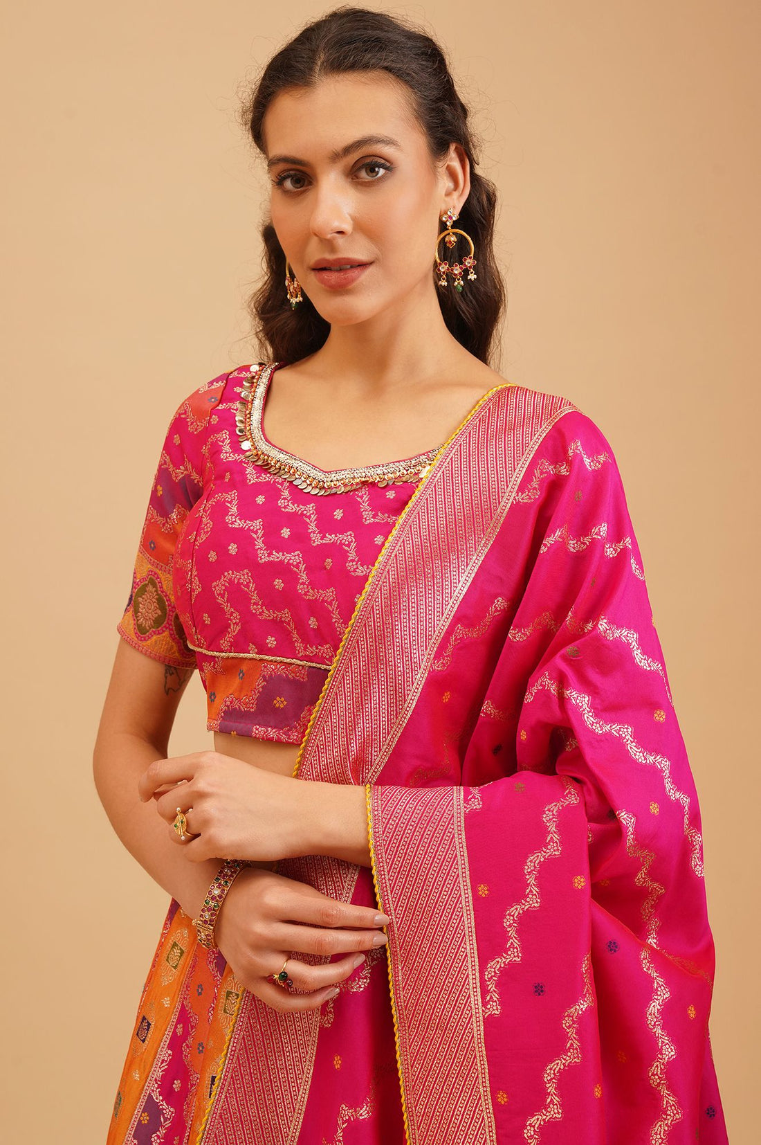 Pink Jacquard Zari Straight Top with Skirt and Dupatta Set