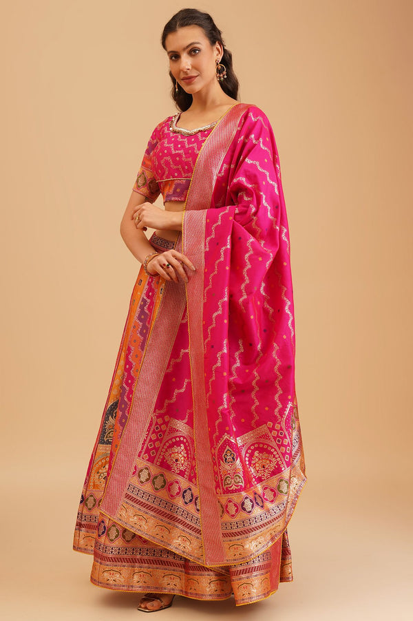 Pink Jacquard Zari Straight Top with Skirt and Dupatta Set