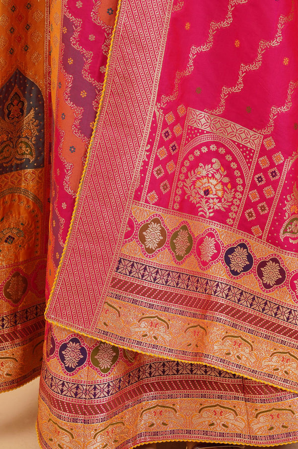 Pink Jacquard Zari Straight Top with Skirt and Dupatta Set