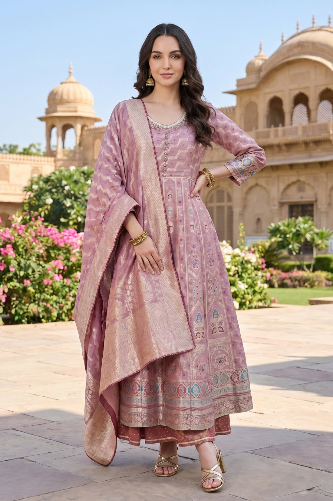 Mauve Textured Zari Jacquard Flared Kurta With Palazzo and Dupatta Set