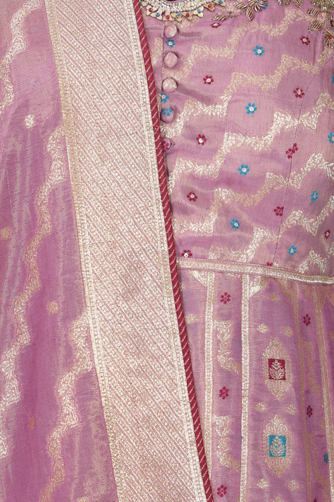 Mauve Textured Zari Jacquard Flared Kurta With Palazzo and Dupatta Set