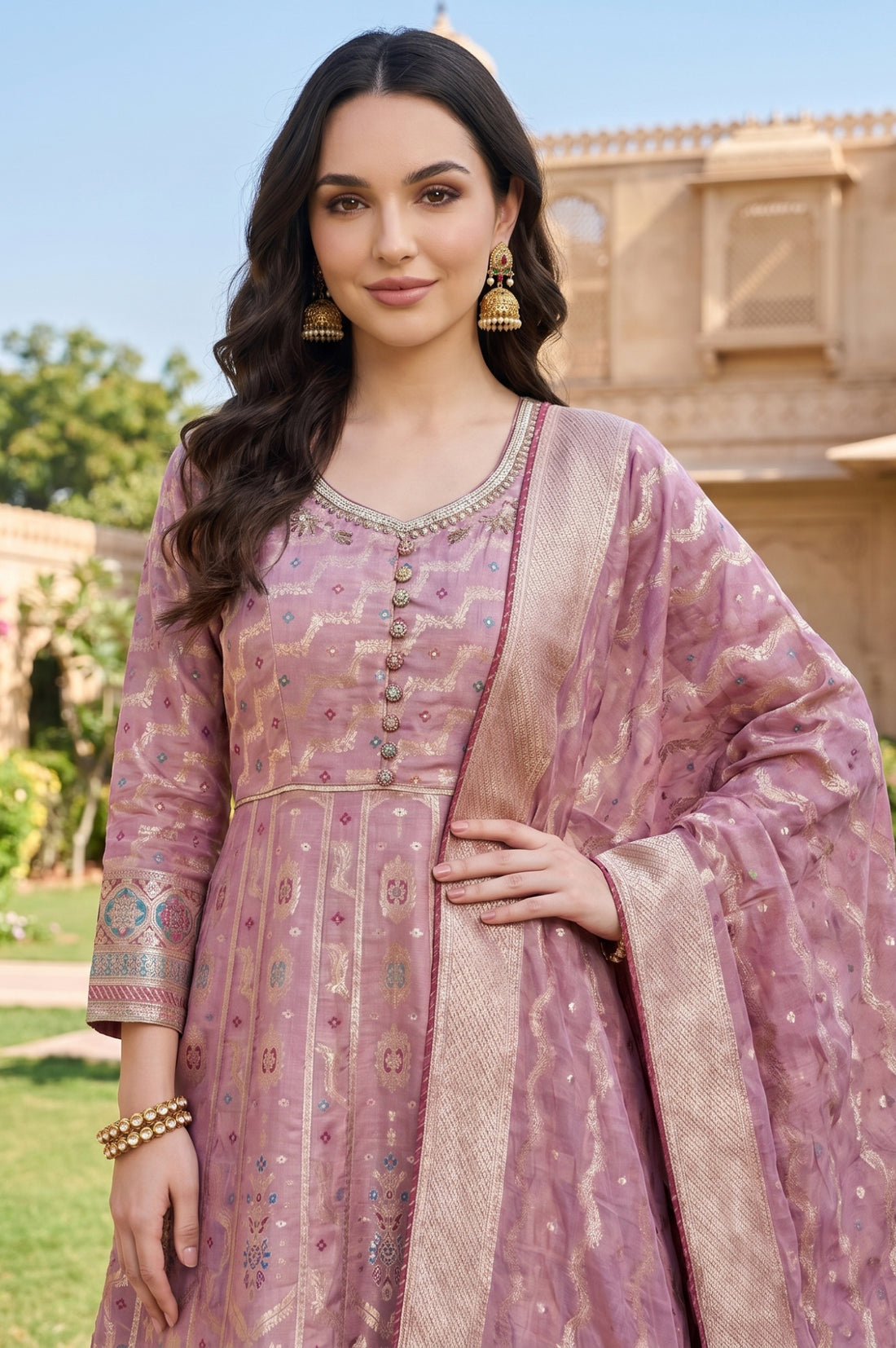 Mauve Textured Zari Jacquard Flared Kurta With Palazzo and Dupatta Set