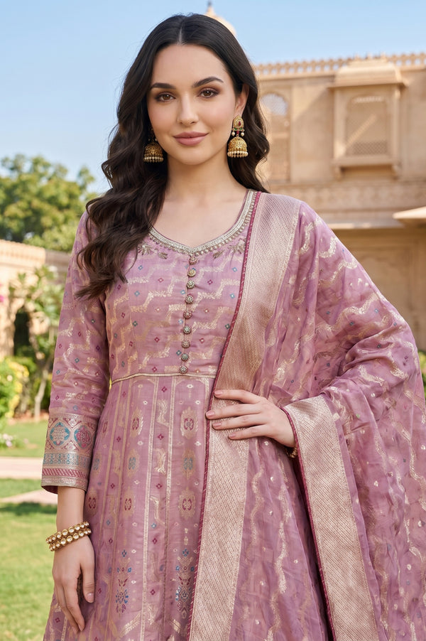 Mauve Textured Zari Jacquard Flared Kurta With Palazzo and Dupatta Set