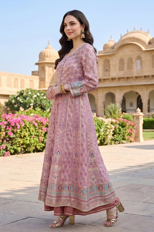Mauve Textured Zari Jacquard Flared Kurta With Palazzo and Dupatta Set