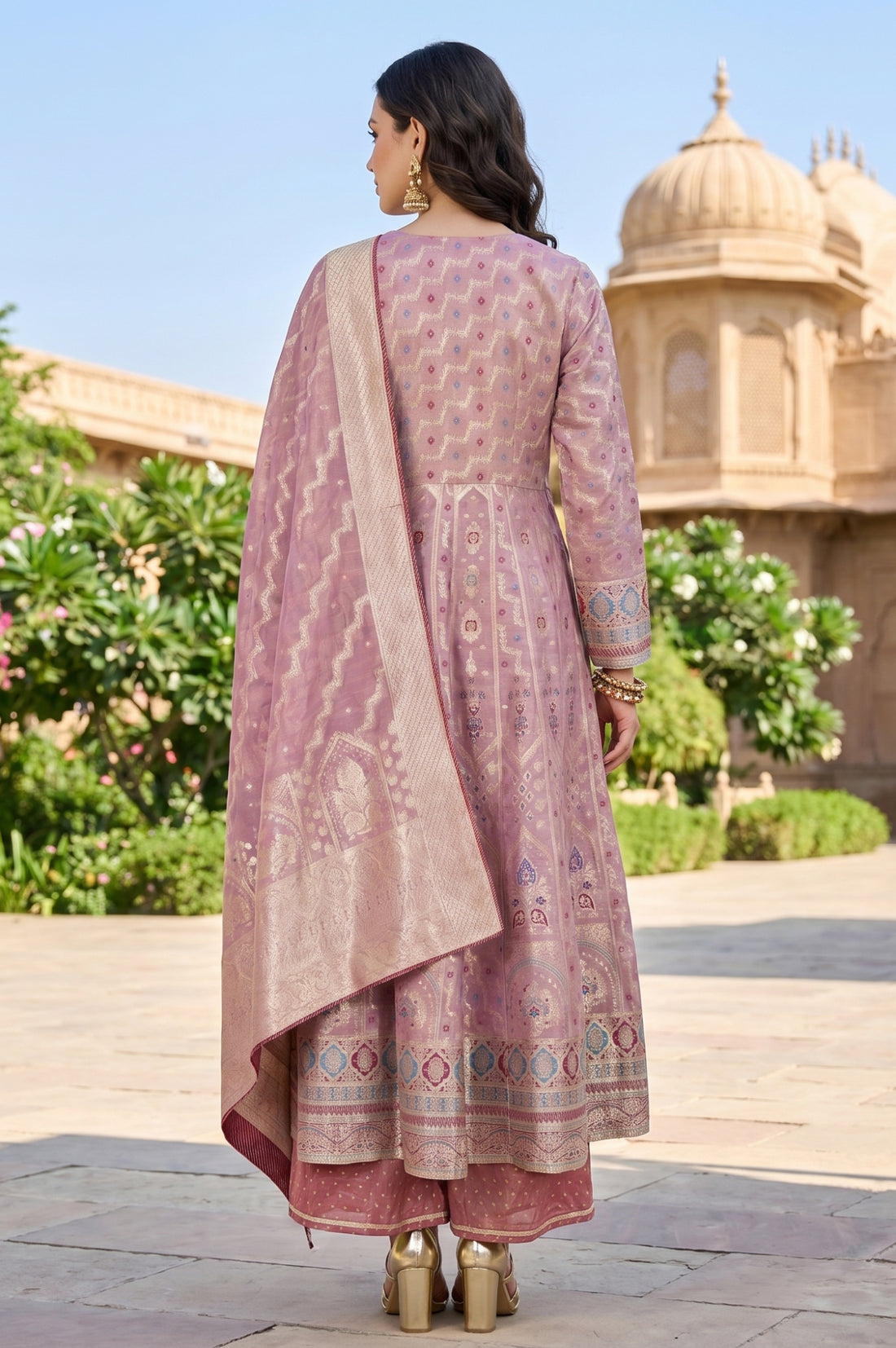 Mauve Textured Zari Jacquard Flared Kurta With Palazzo and Dupatta Set