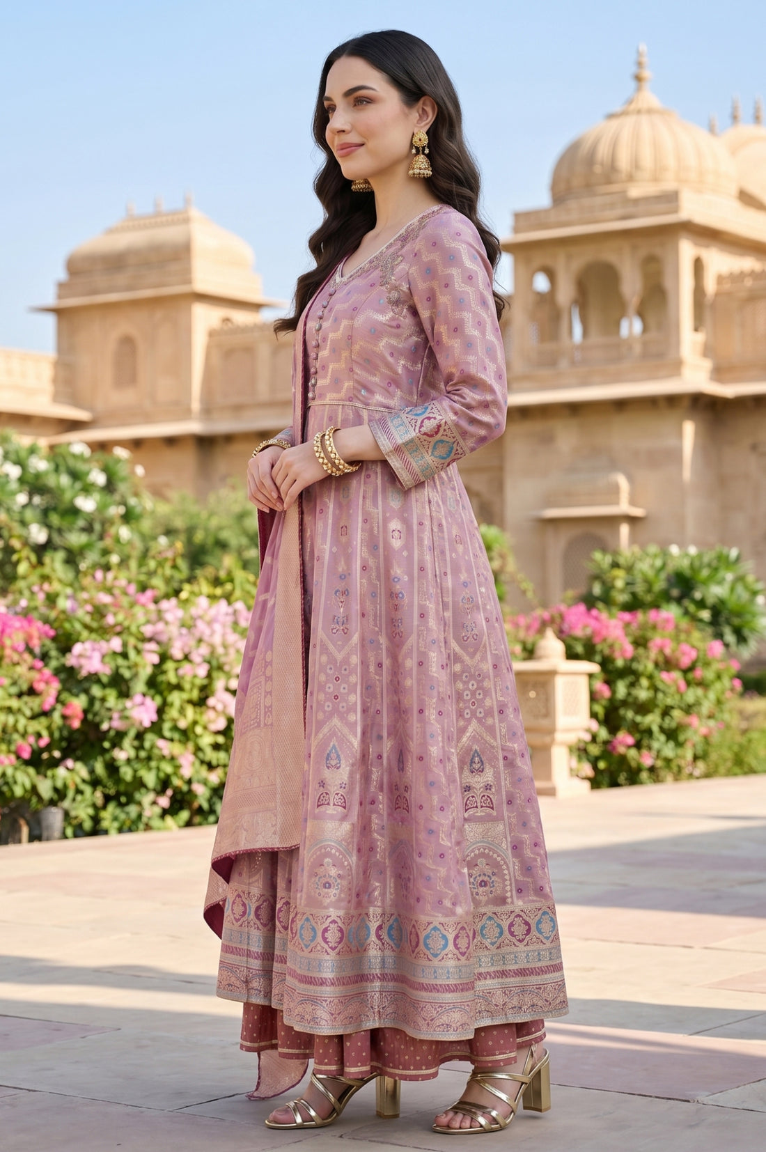 Mauve Textured Zari Jacquard Flared Kurta With Palazzo and Dupatta Set