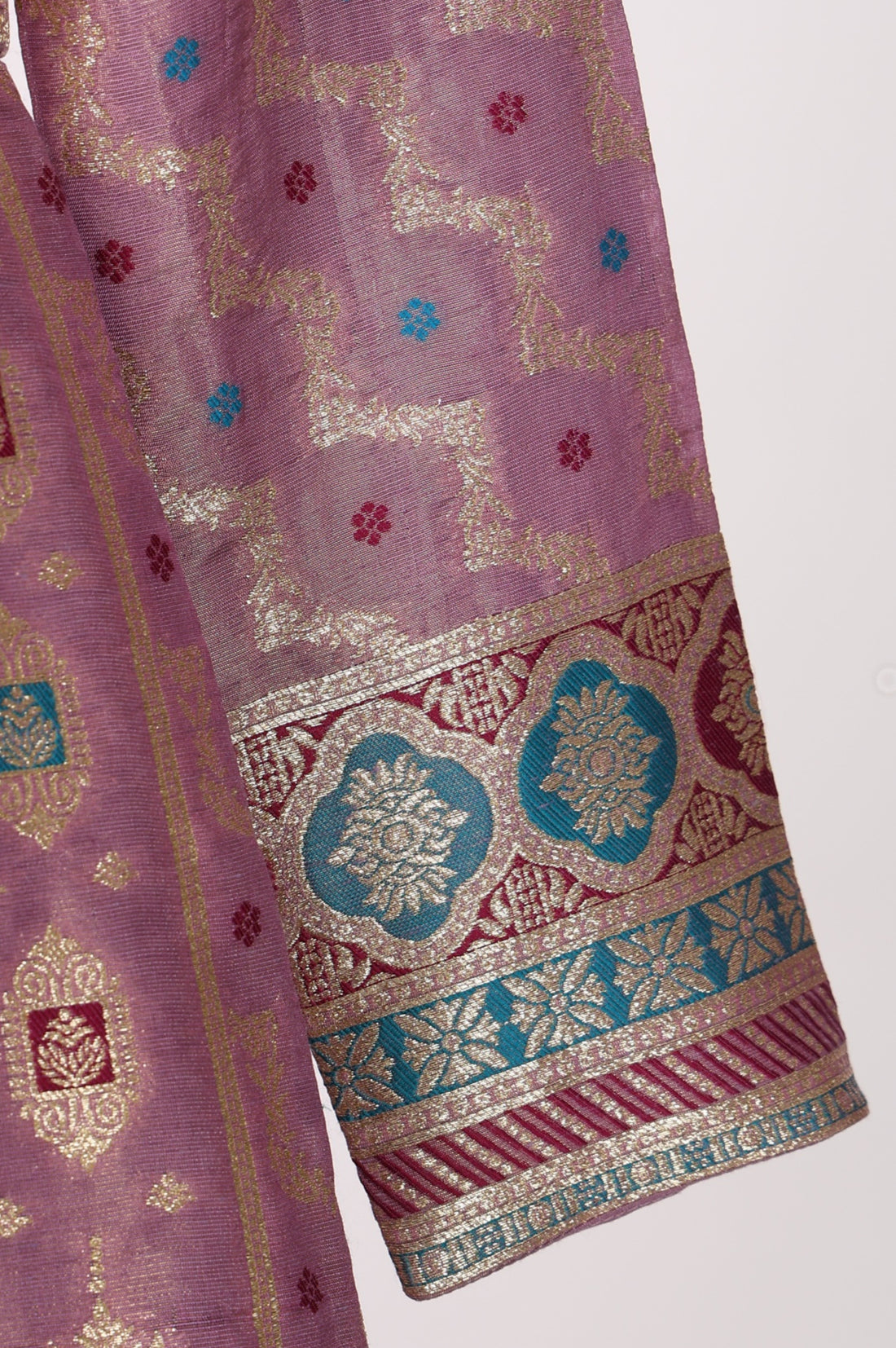 Mauve Textured Zari Jacquard Flared Kurta With Palazzo and Dupatta Set