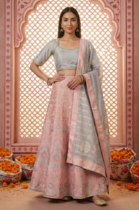 Slate Grey Zari Jacquard Crop Blouse with Lehenga Set with Dupatta