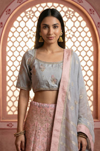 Slate Grey Zari Jacquard Crop Blouse with Lehenga Set with Dupatta