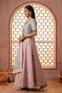 Slate Grey Zari Jacquard Crop Blouse with Lehenga Set with Dupatta