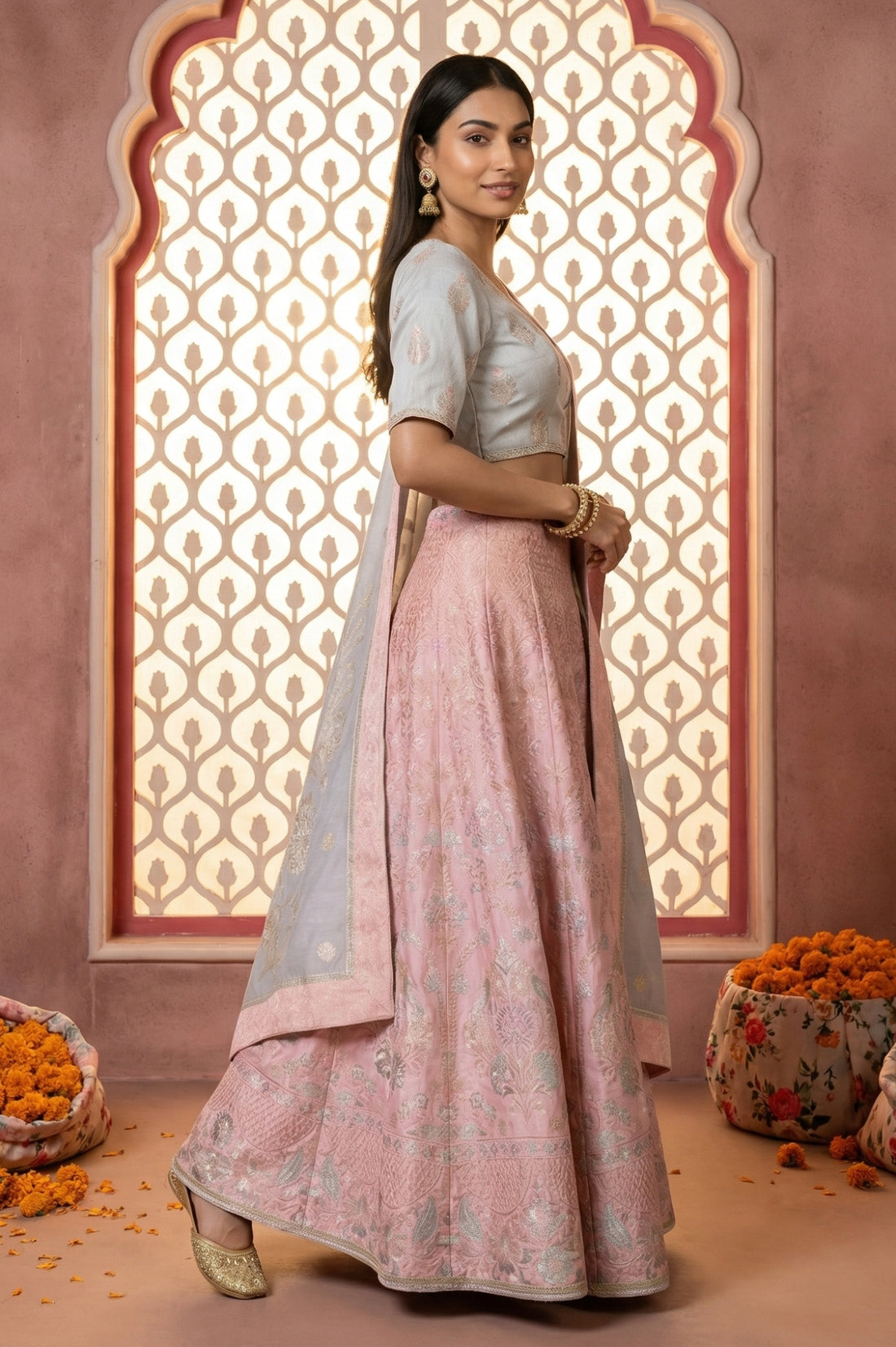 Slate Grey Zari Jacquard Crop Blouse with Lehenga Set with Dupatta