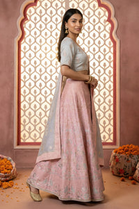 Slate Grey Zari Jacquard Crop Blouse with Lehenga Set with Dupatta