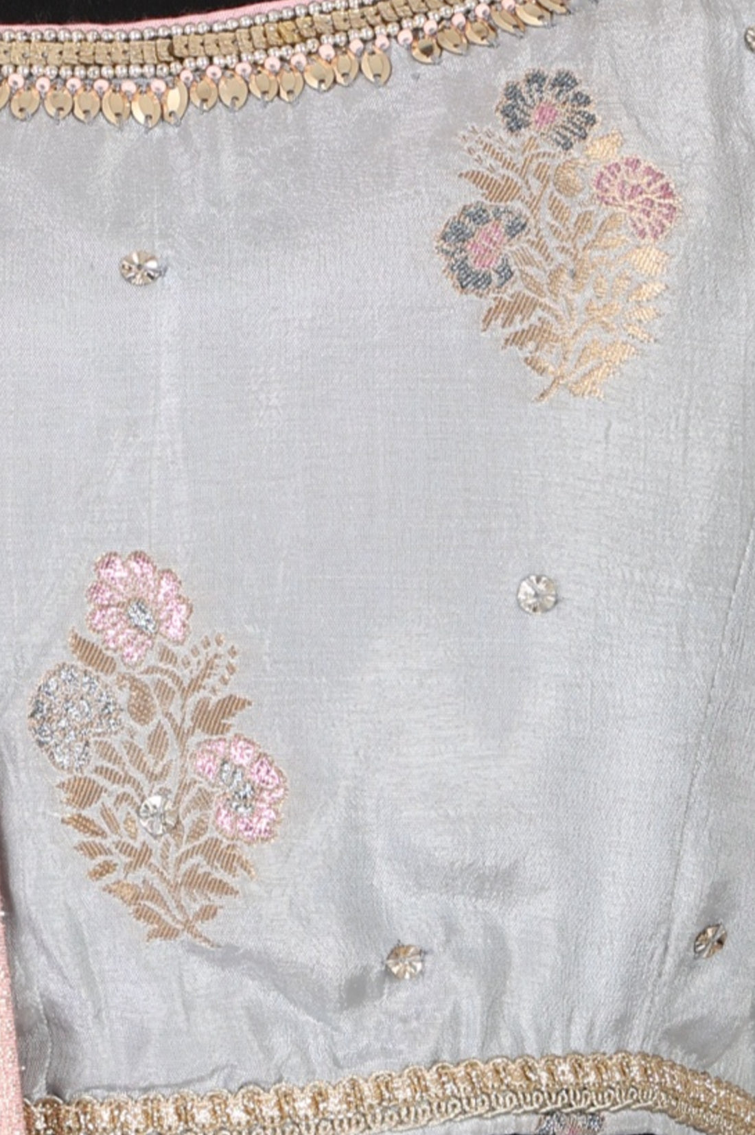 Slate Grey Zari Jacquard Crop Blouse with Lehenga Set with Dupatta