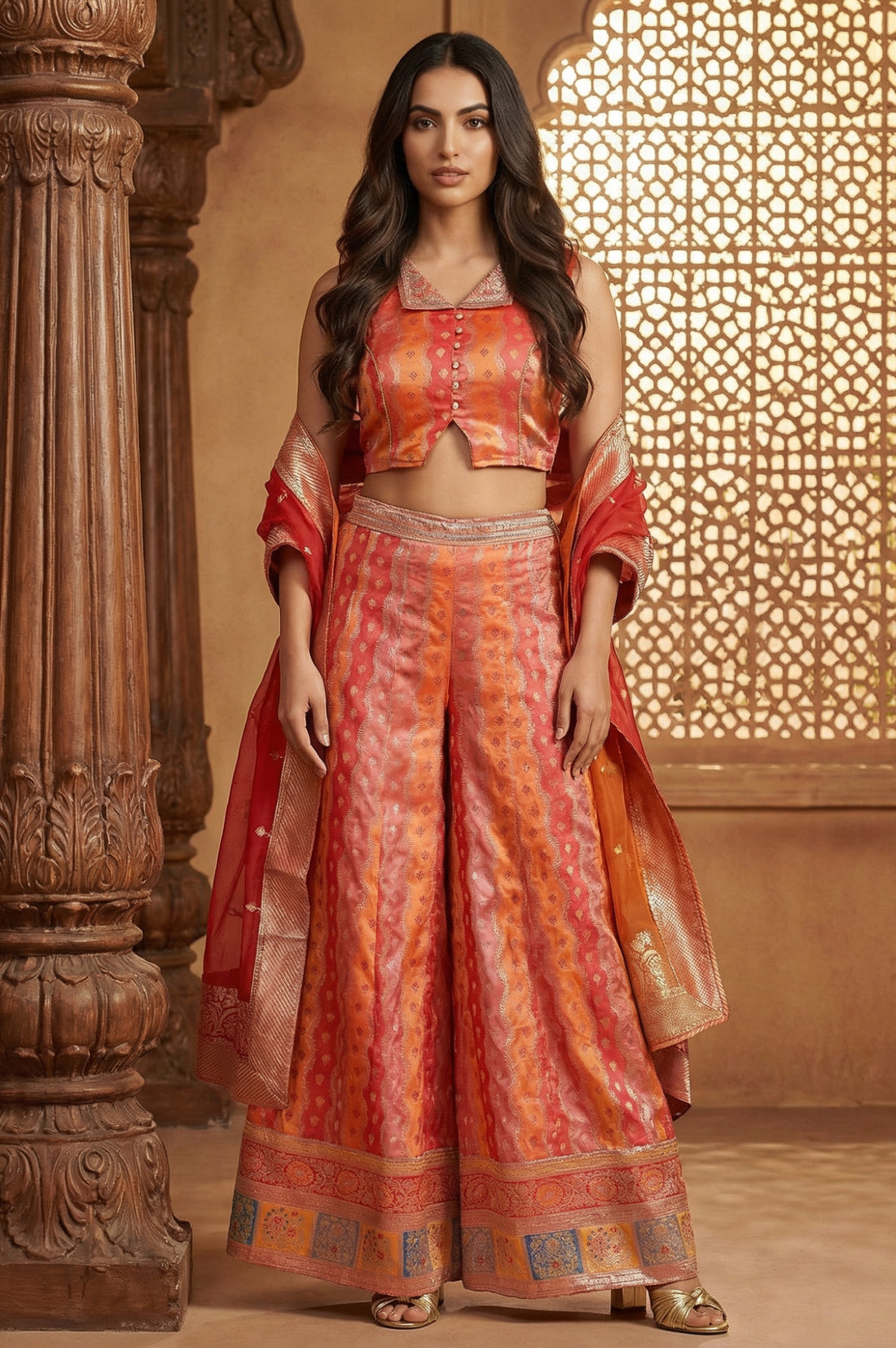 Orange Jacquard Straight Crop Top with Embellished Skirt and Dupatta Set