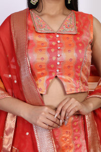 Orange Jacquard Straight Crop Top with Embellished Skirt and Dupatta Set