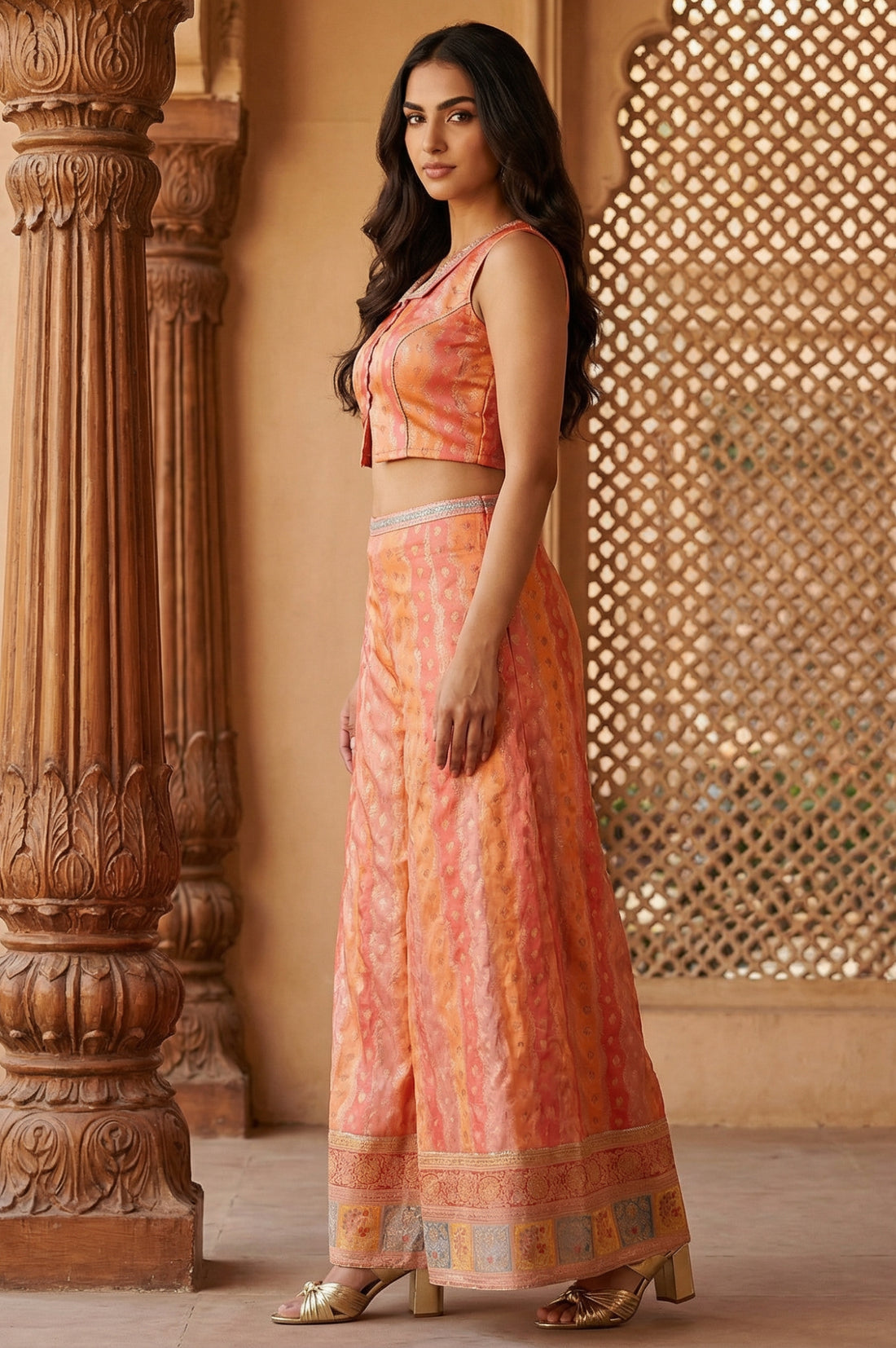 Orange Jacquard Straight Crop Top with Embellished Skirt and Dupatta Set