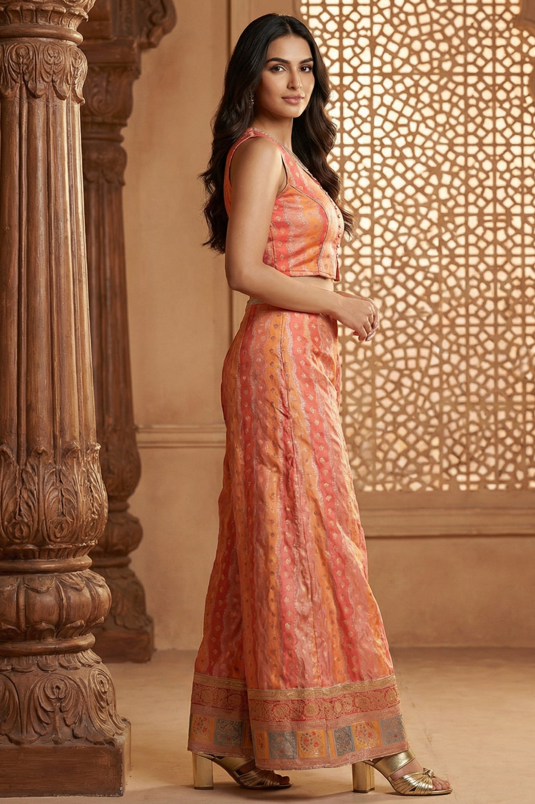 Orange Jacquard Straight Crop Top with Embellished Skirt and Dupatta Set