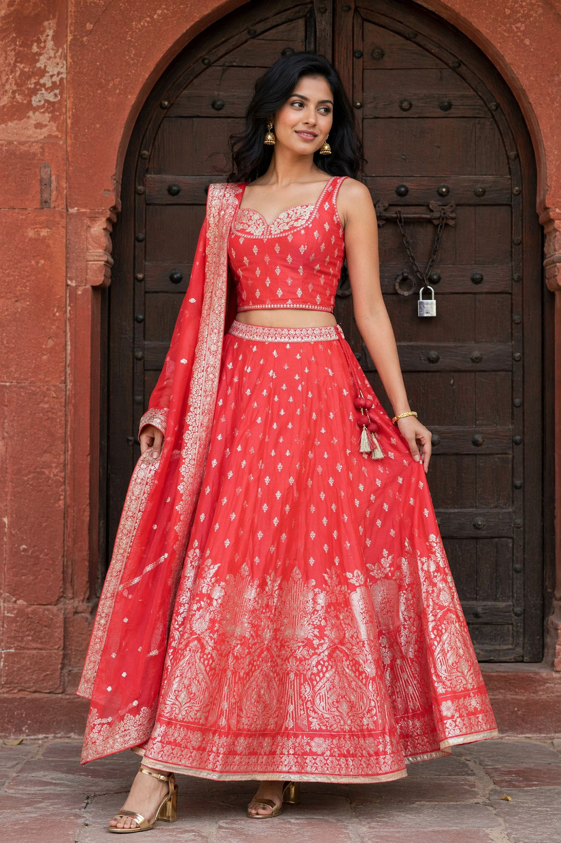 Red Jacquard Zari Embroidered Sleeveless Blouse And Lehenga Set With Dupatta