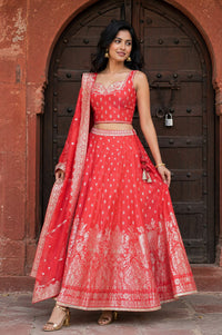 Red Jacquard Zari Embroidered Sleeveless Blouse And Lehenga Set With Dupatta