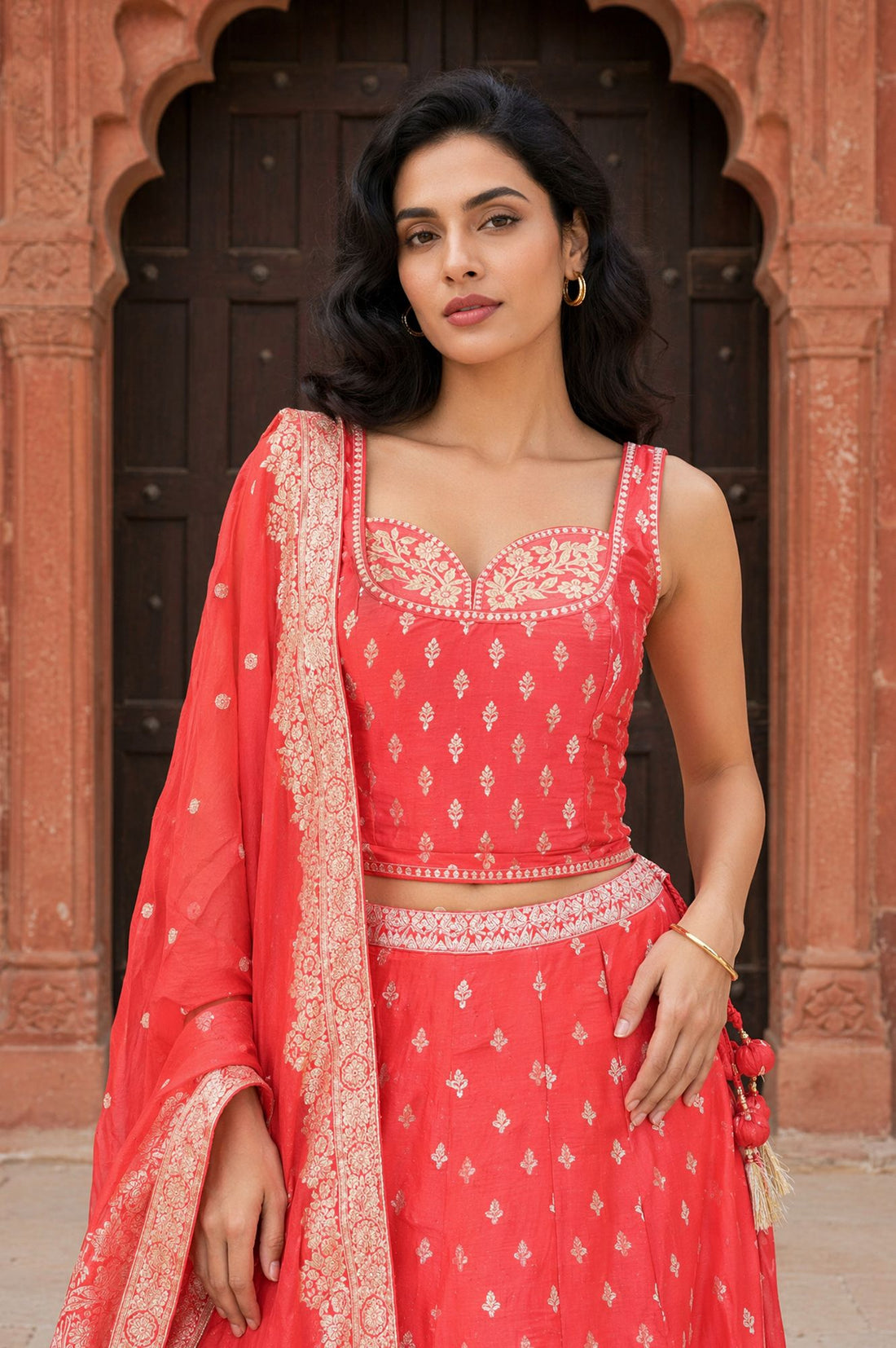 Red Jacquard Zari Embroidered Sleeveless Blouse And Lehenga Set With Dupatta