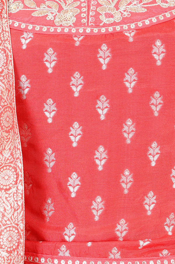 Red Jacquard Zari Embroidered Sleeveless Blouse And Lehenga Set With Dupatta
