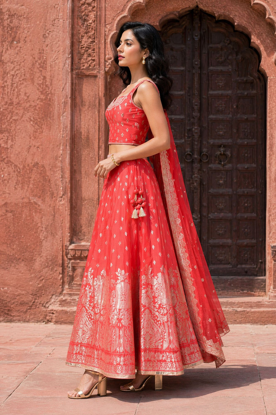 Red Jacquard Zari Embroidered Sleeveless Blouse And Lehenga Set With Dupatta