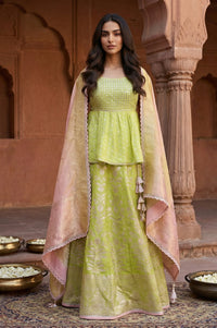 Lime Green Sequins Jacquard Flared Kurti with Skirt and Dupatta Set