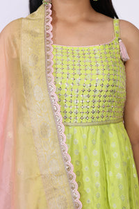 Lime Green Sequins Jacquard Flared Kurti with Skirt and Dupatta Set