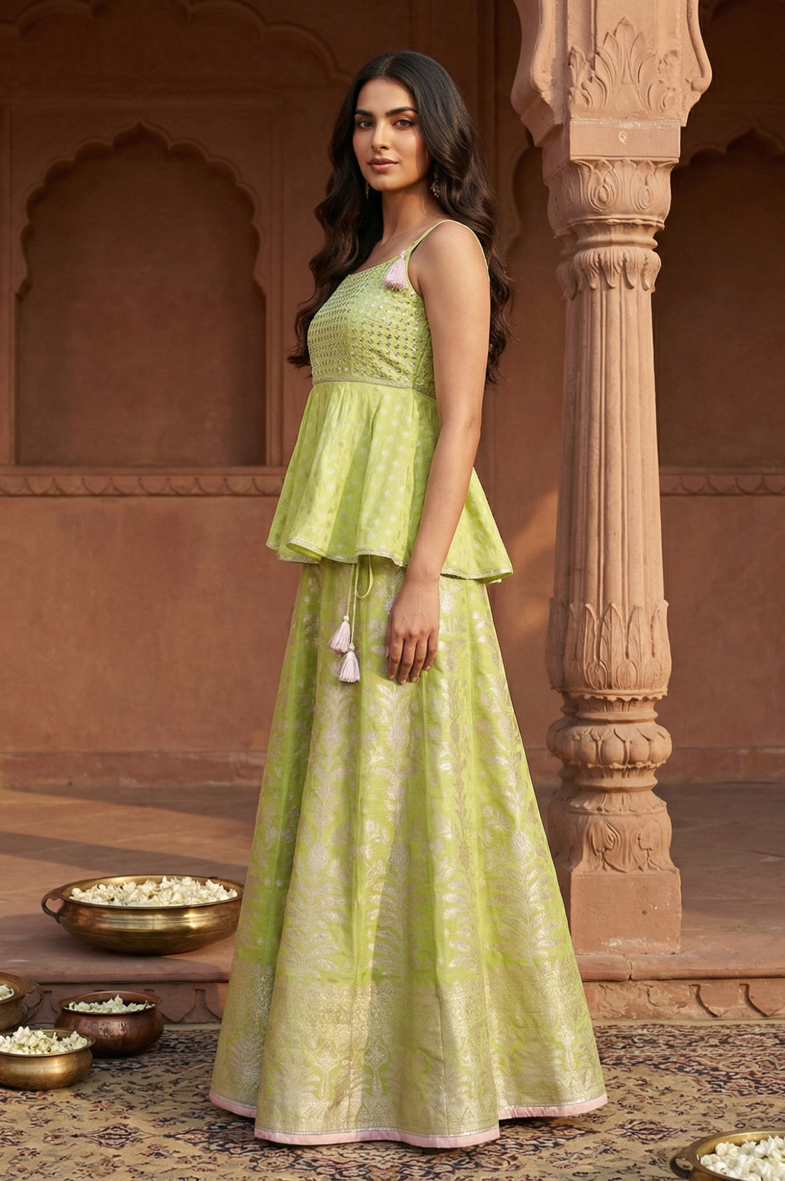 Lime Green Sequins Jacquard Flared Kurti with Skirt and Dupatta Set