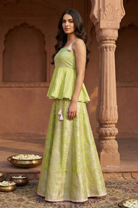 Lime Green Sequins Jacquard Flared Kurti with Skirt and Dupatta Set