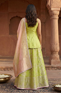 Lime Green Sequins Jacquard Flared Kurti with Skirt and Dupatta Set