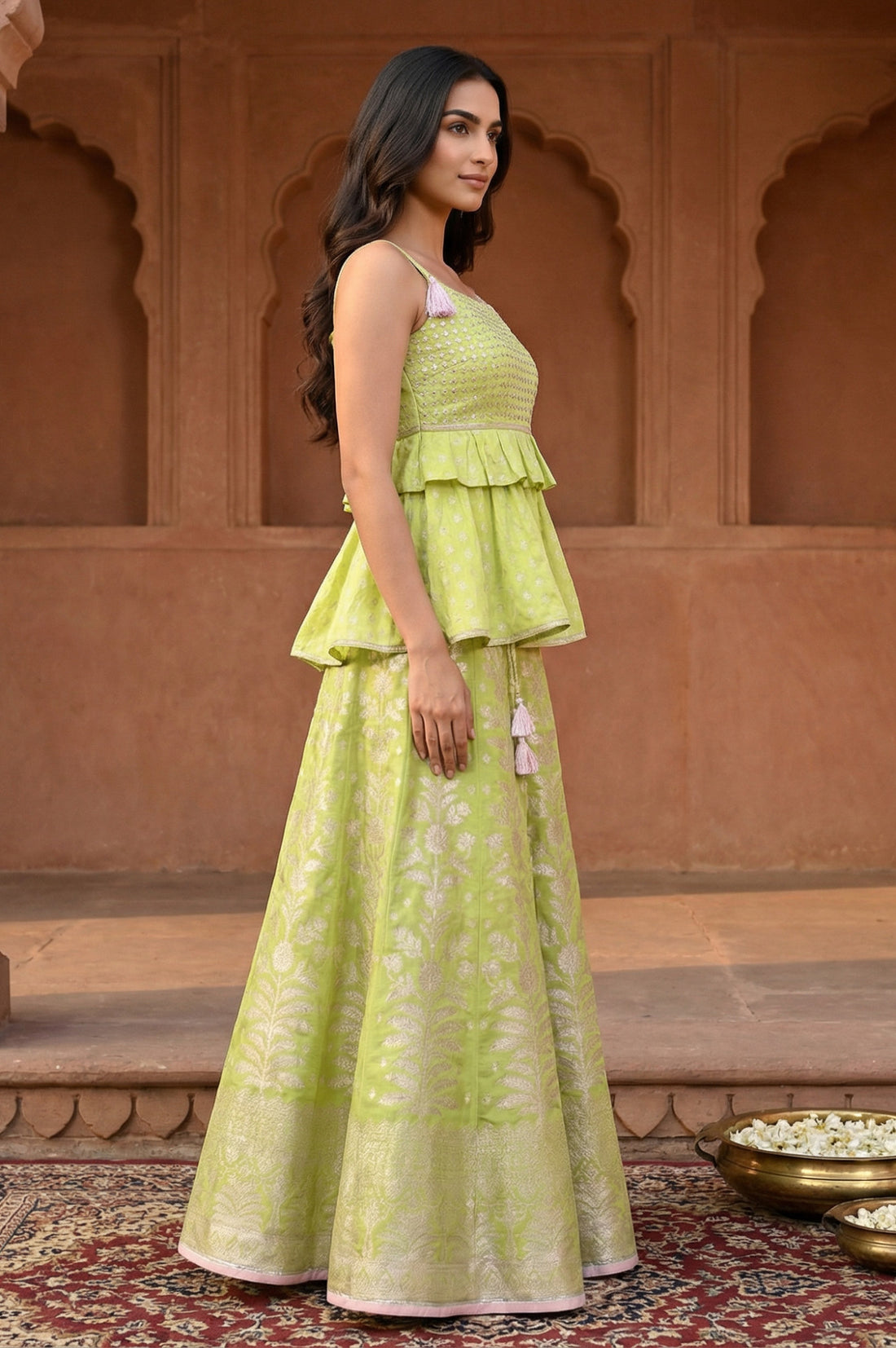 Lime Green Sequins Jacquard Flared Kurti with Skirt and Dupatta Set
