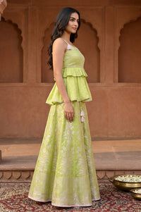 Lime Green Sequins Jacquard Flared Kurti with Skirt and Dupatta Set