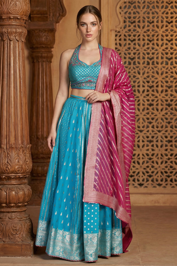 Blue Jacquard Blouse with Flared Skirt and Dupatta Set