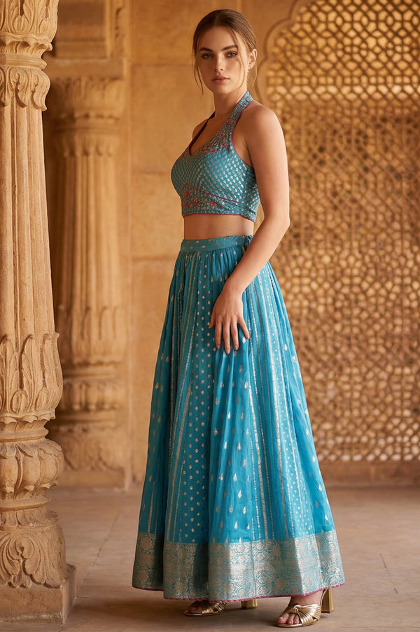 Blue Jacquard Blouse with Flared Skirt and Dupatta Set