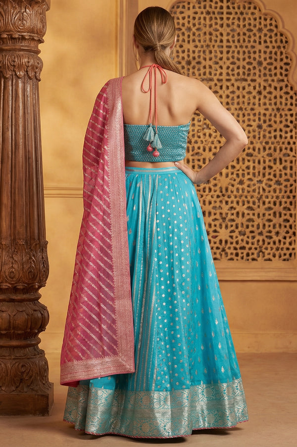 Blue Jacquard Blouse with Flared Skirt and Dupatta Set
