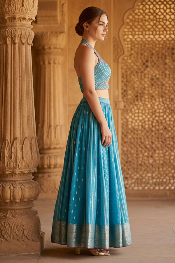 Blue Jacquard Blouse with Flared Skirt and Dupatta Set