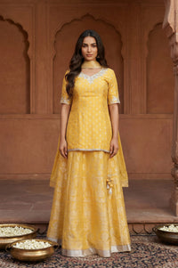 Yellow Zari Work Jacquard A-Line Kurti with Skirt and Dupatta Set