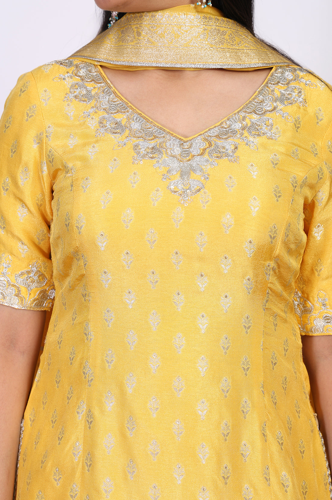 Yellow Zari Work Jacquard A-Line Kurti with Skirt and Dupatta Set