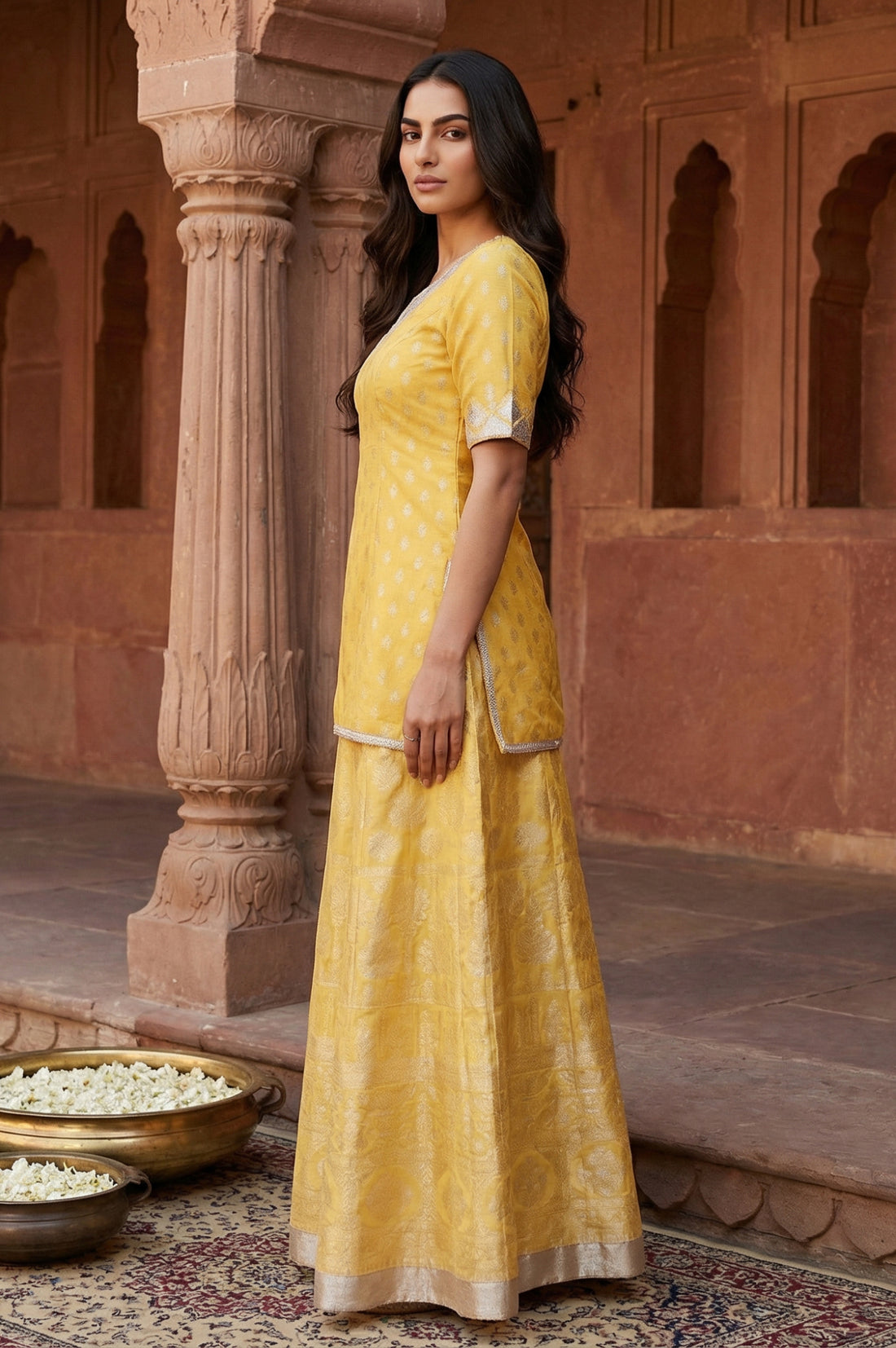 Yellow Zari Work Jacquard A-Line Kurti with Skirt and Dupatta Set