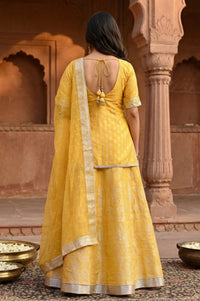 Yellow Zari Work Jacquard A-Line Kurti with Skirt and Dupatta Set