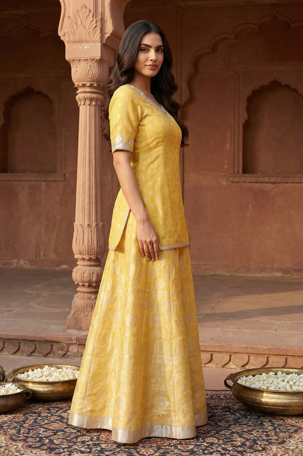 Yellow Zari Work Jacquard A-Line Kurti with Skirt and Dupatta Set