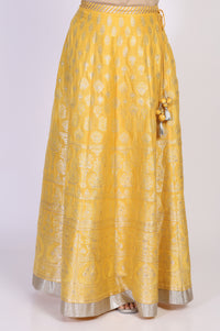Yellow Zari Work Jacquard A-Line Kurti with Skirt and Dupatta Set