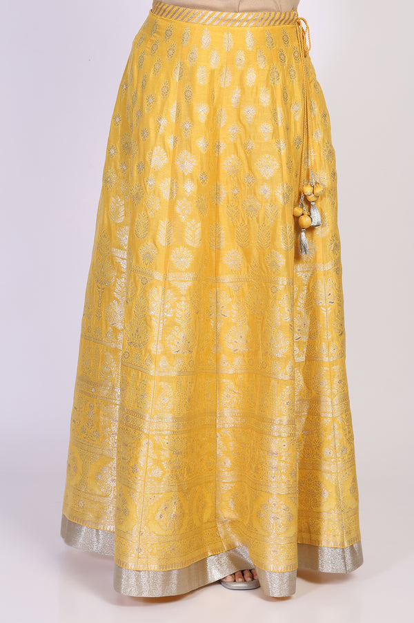 Yellow Zari Work Jacquard A-Line Kurti with Skirt and Dupatta Set