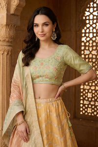 Green and Yellow Embroidered Jacquard Blouse with Lehenga and Dupatta Set
