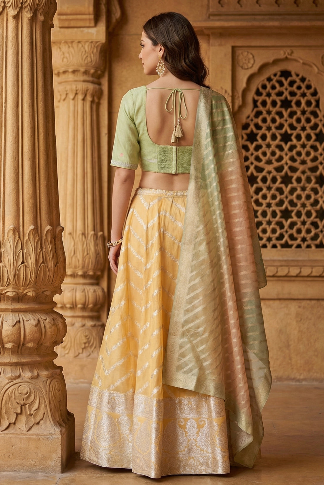 Green and Yellow Embroidered Jacquard Blouse with Lehenga and Dupatta Set
