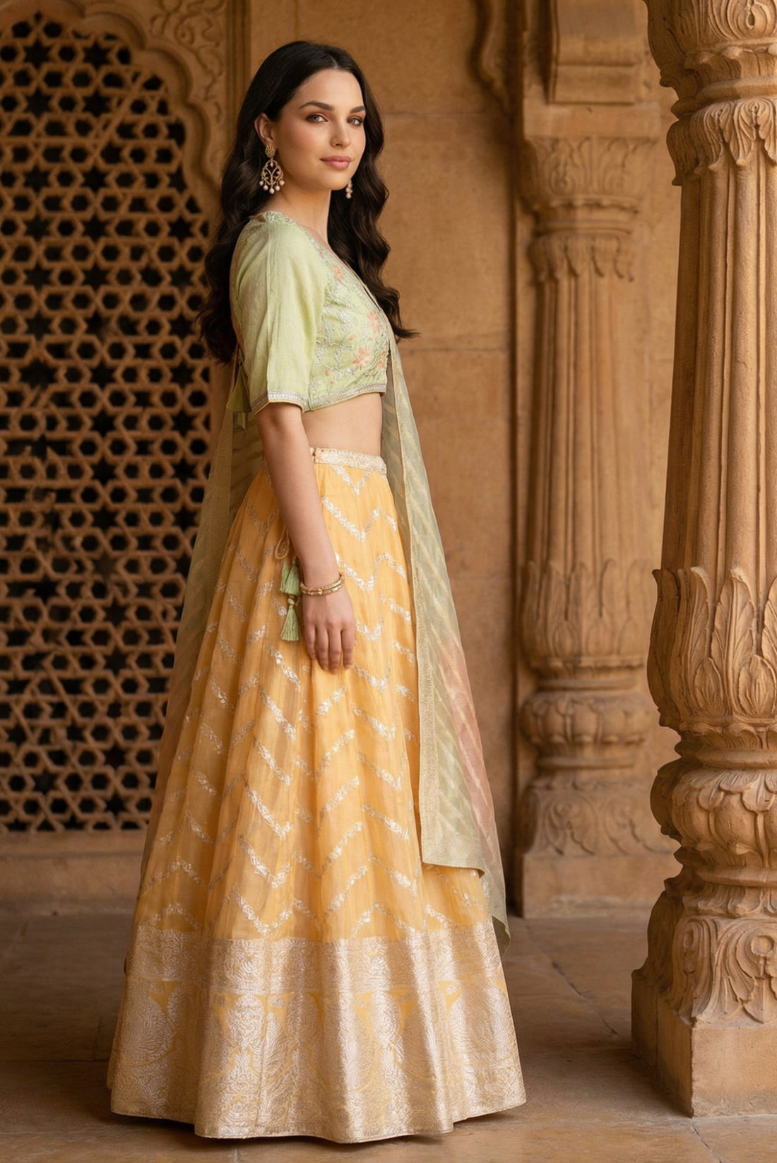 Green and Yellow Embroidered Jacquard Blouse with Lehenga and Dupatta Set