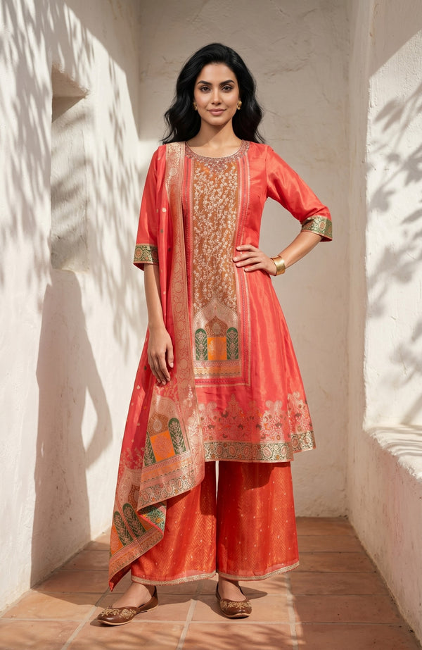 Orange Yarn Dyed Textured Zari Jacquard Straight Kurta With Palazzo and Dupatta Set
