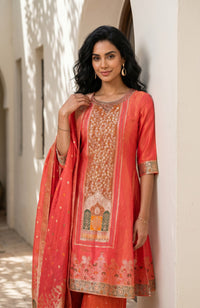 Orange Yarn Dyed Textured Zari Jacquard Straight Kurta With Palazzo and Dupatta Set